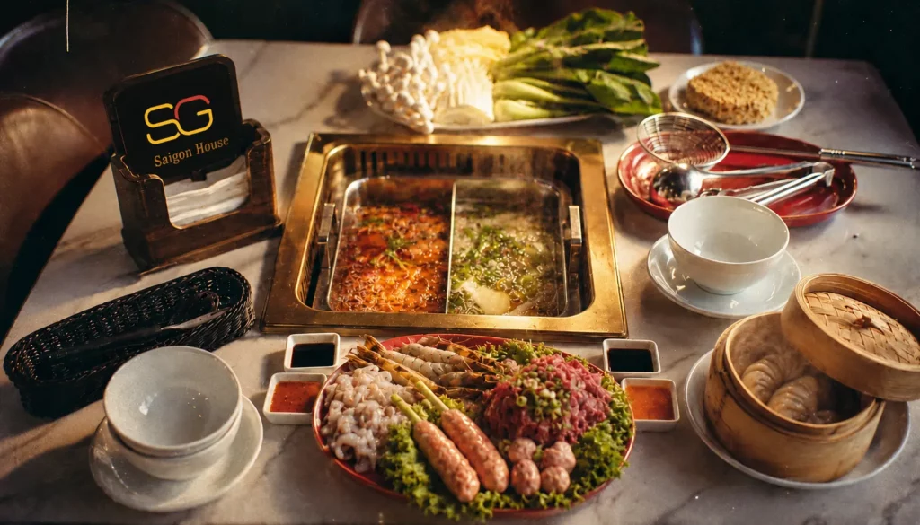 Tradycyjny wietnamski Hot Pot w kociołku przygotowywany w stoliku restauracji azjatyckiej Saigon House Rzeszów.