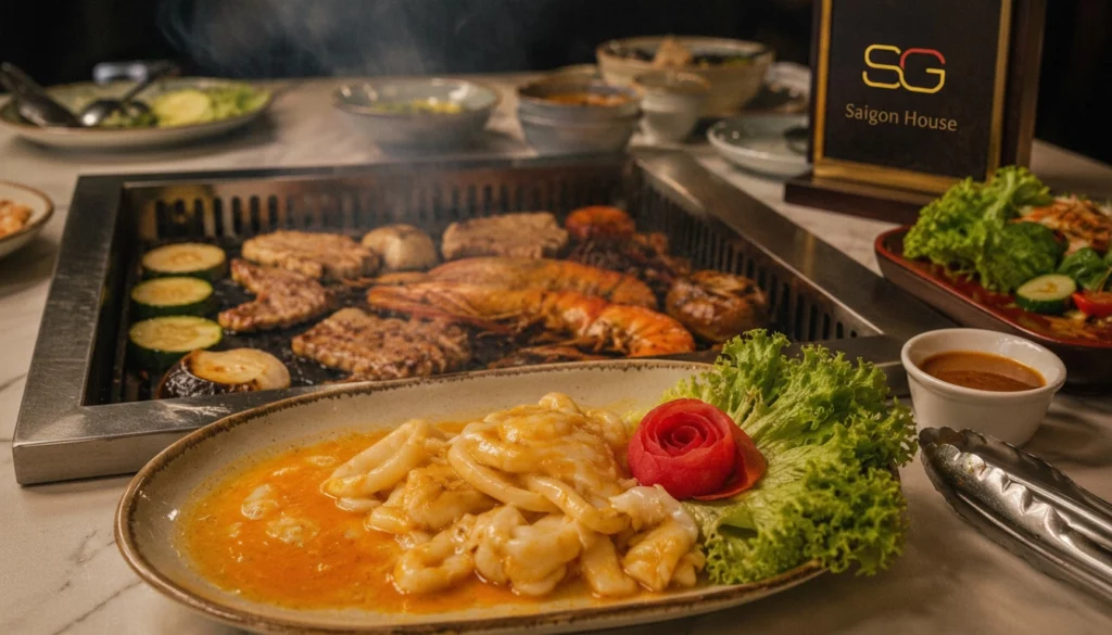 Wietnamskie BBQ i potrawy z grilla przygotowywane na wbudowanej w blat płycie grzewczej w restauracji Saigon House w Rzeszowie.